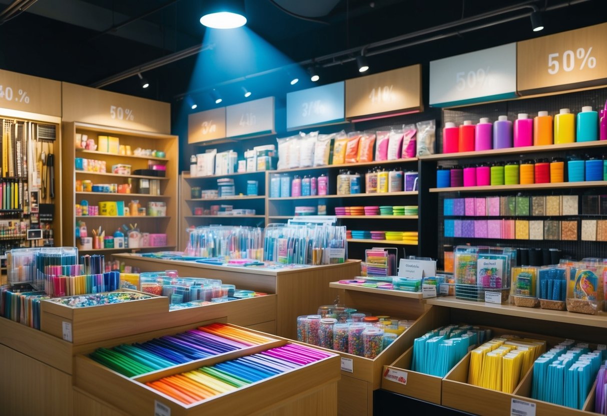 A spotlight illuminates colorful displays of discounted art supplies at a bustling crafts store in Singapore