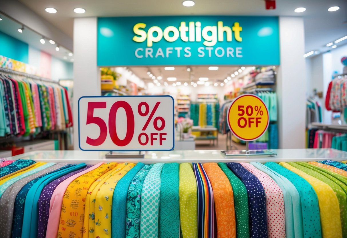 A colorful display of apparel and quilting fabric with prominent "50% off" signs at Spotlight crafts store in Singapore