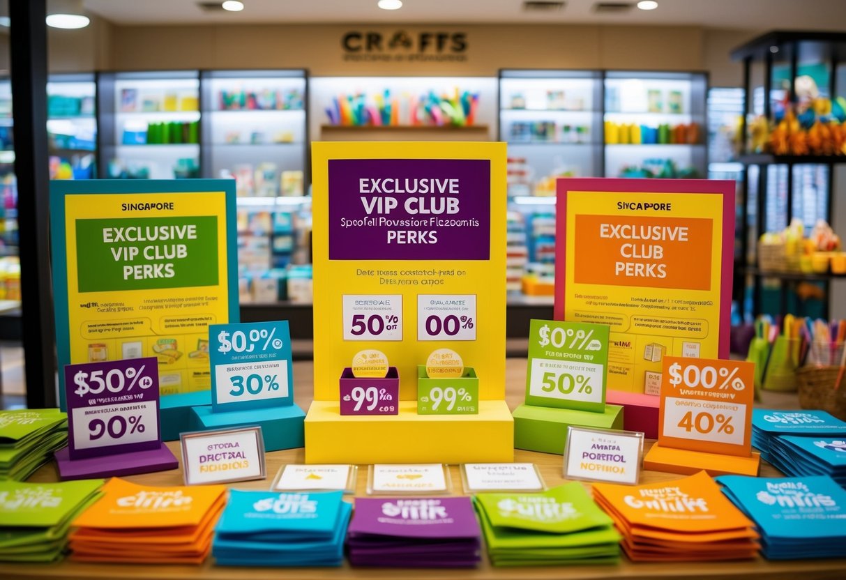 A colorful display of exclusive VIP club perks at a crafts store in Singapore, featuring special promotions and discounts