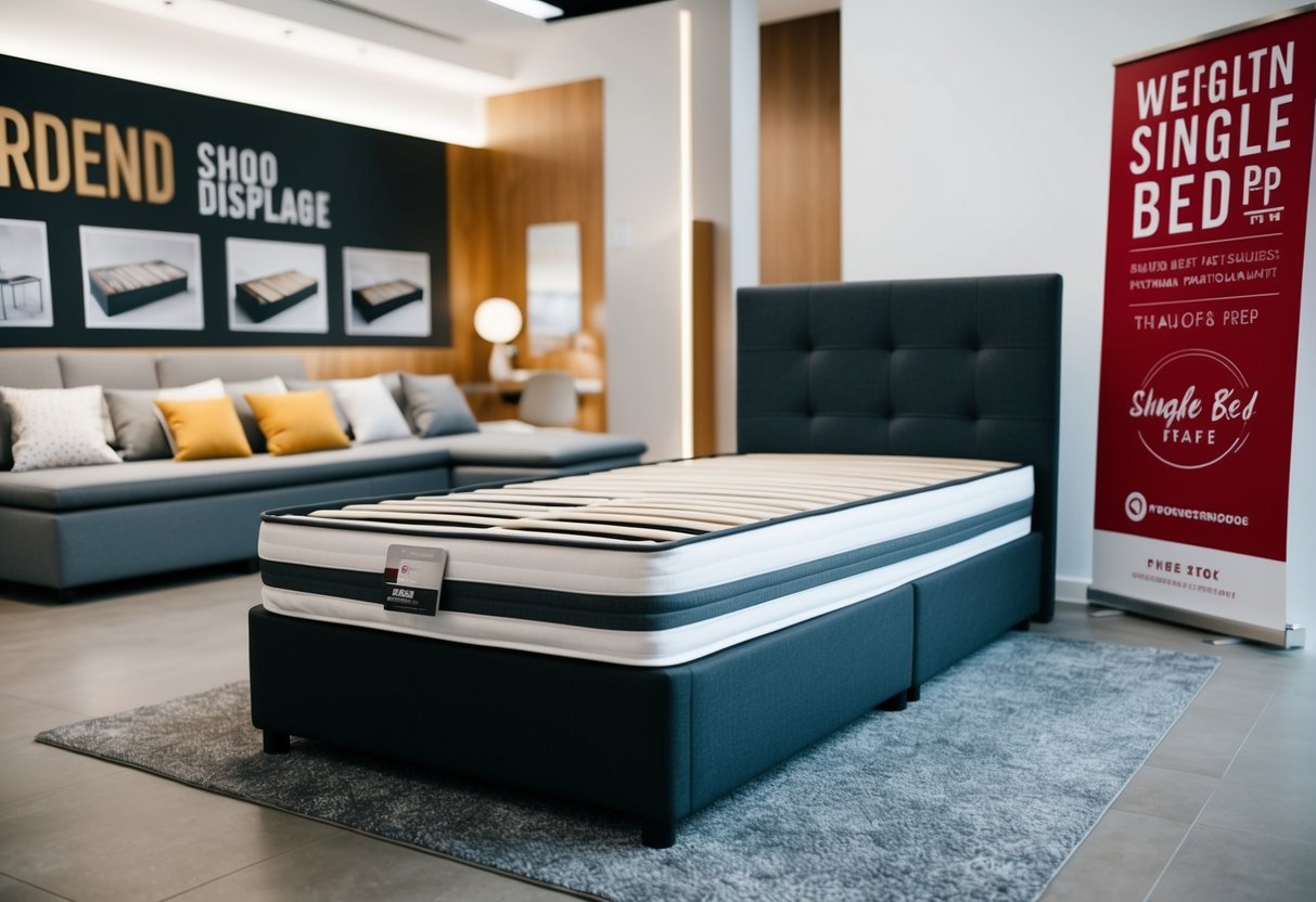 A sleek metal single bed frame displayed in a modern showroom with promotional signage