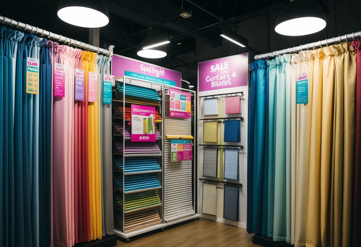 A colorful display of curtains and blinds on sale at Spotlight craft store in Singapore, with bright spotlights highlighting the promotions