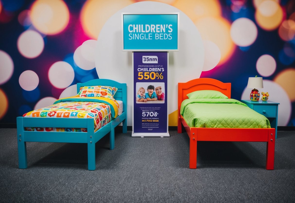 Two vibrant children's single beds displayed with promotional signage