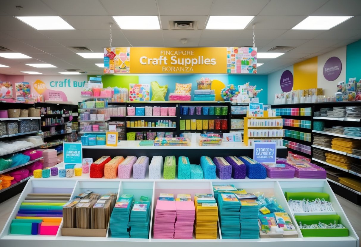 The craft supplies bonanza at a store in Singapore features colorful displays, shelves stocked with various materials, and promotional signs