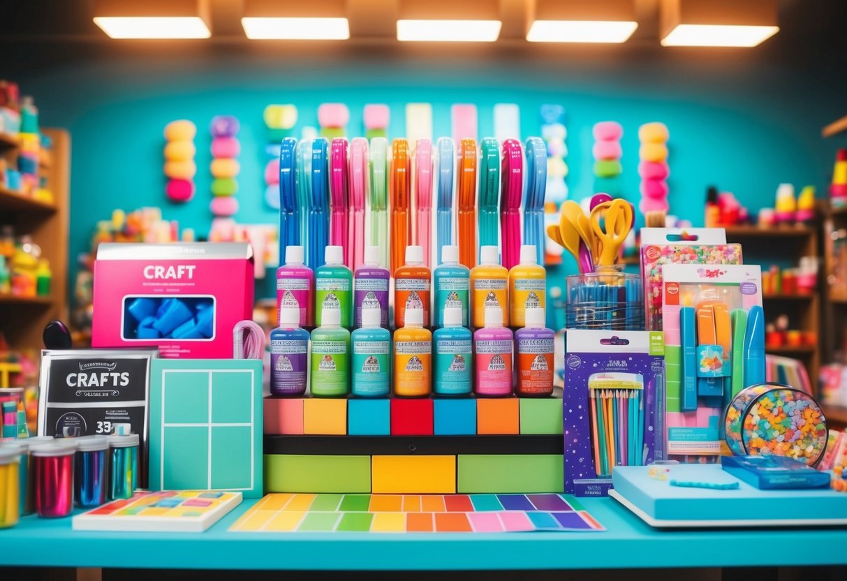 A colorful display of craft supplies with bright spotlighting