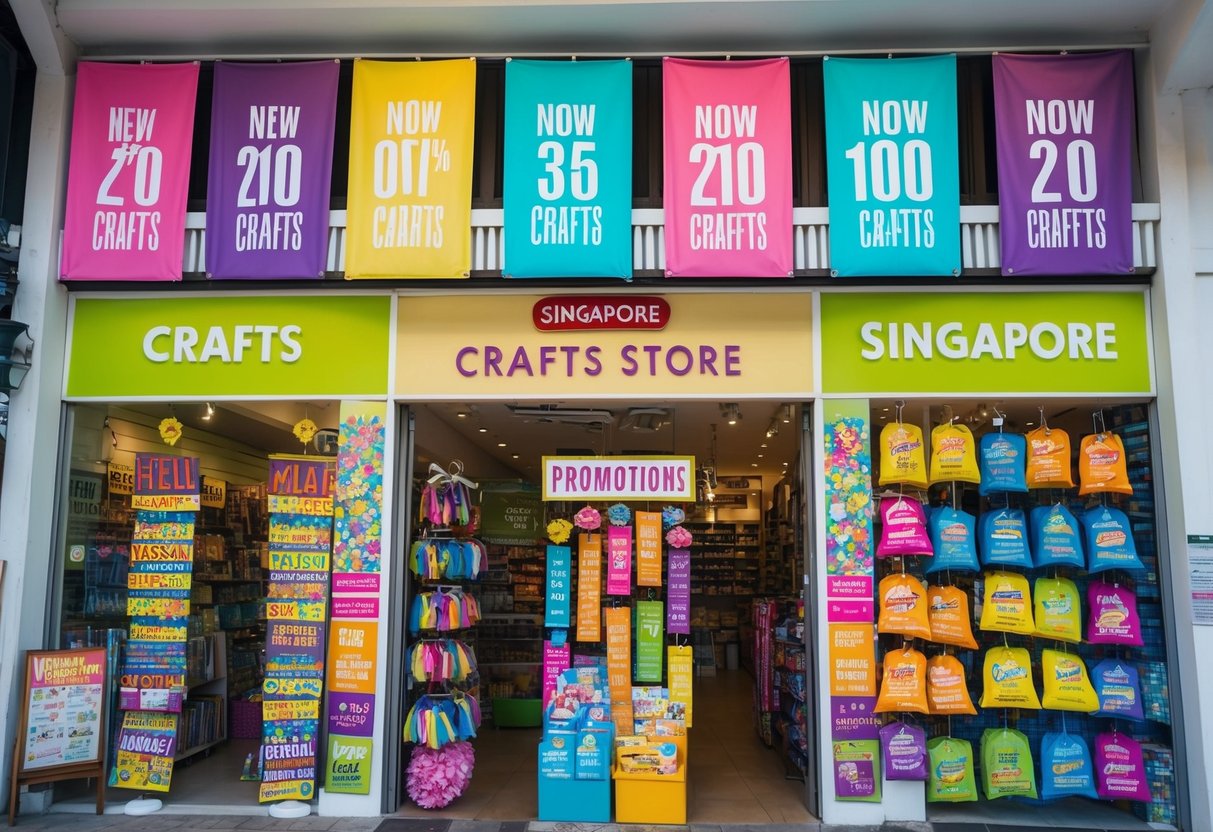 Brightly colored banners and signs adorn the entrance of a crafts store, drawing attention to the various promotions and discounts available in Singapore