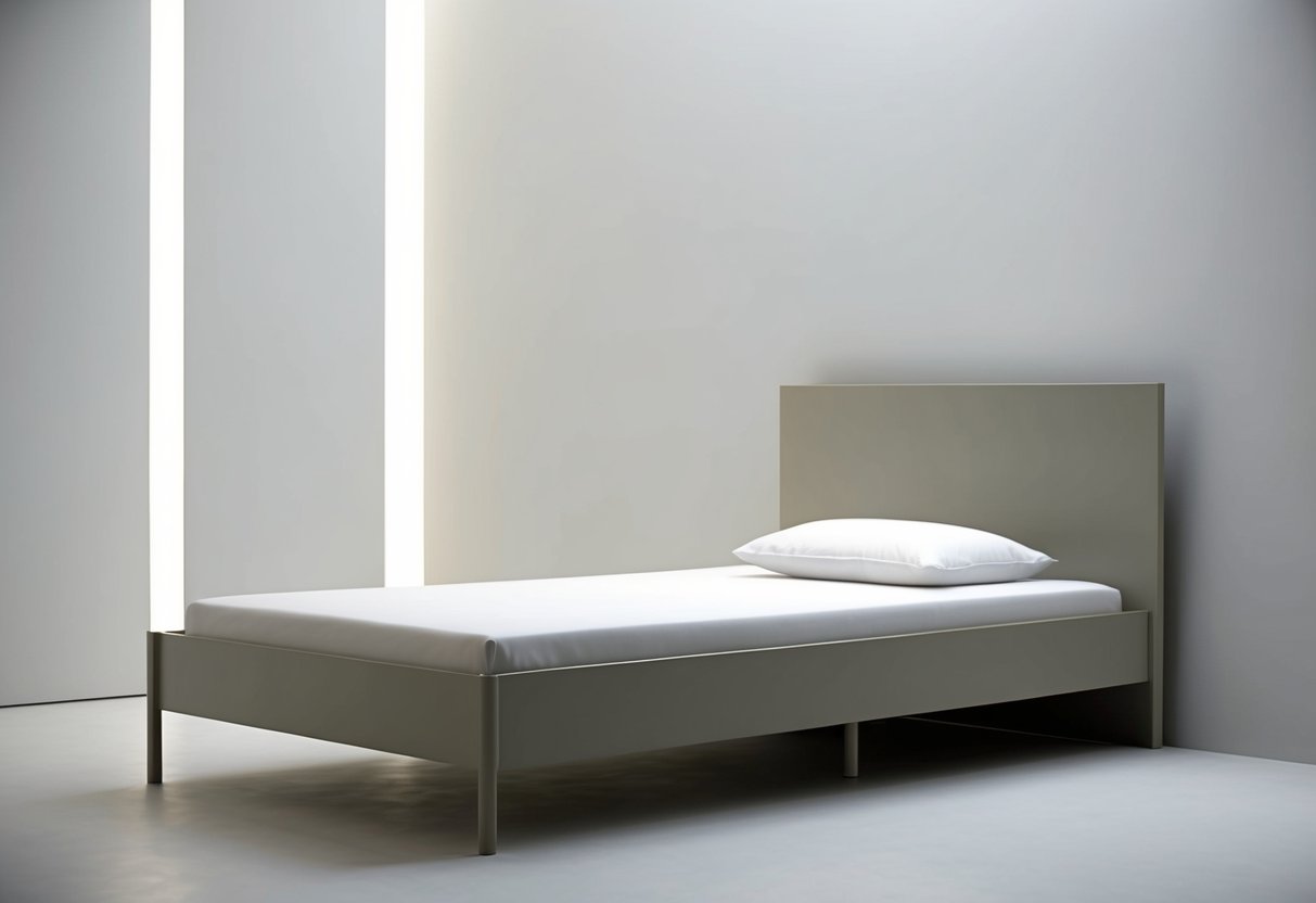 A sleek, simple single bed with clean lines and neutral colors, set against a minimalist backdrop with soft lighting