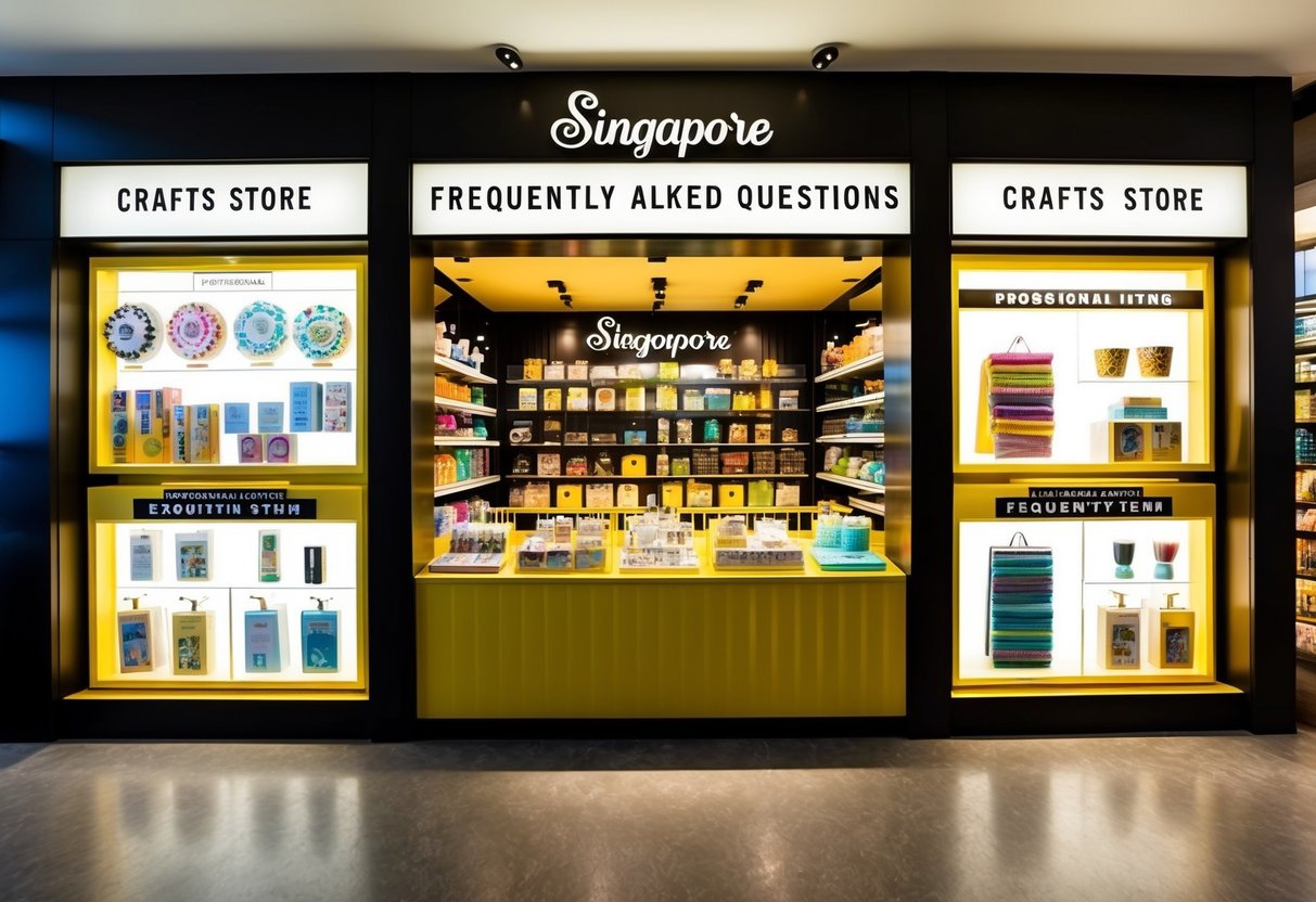 A brightly lit crafts store in Singapore displays a "Frequently Asked Questions" section with promotional items highlighted