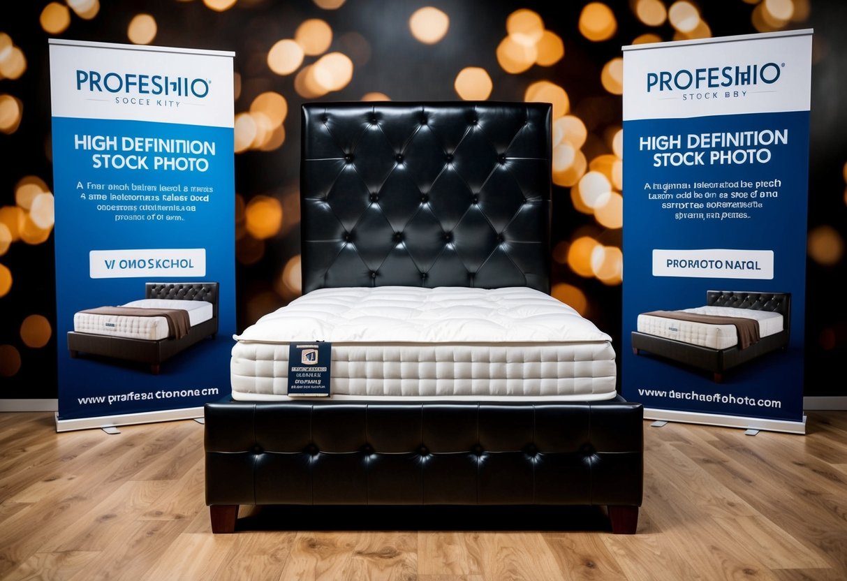 A luxurious leather single bed frame displayed with promotional signage
