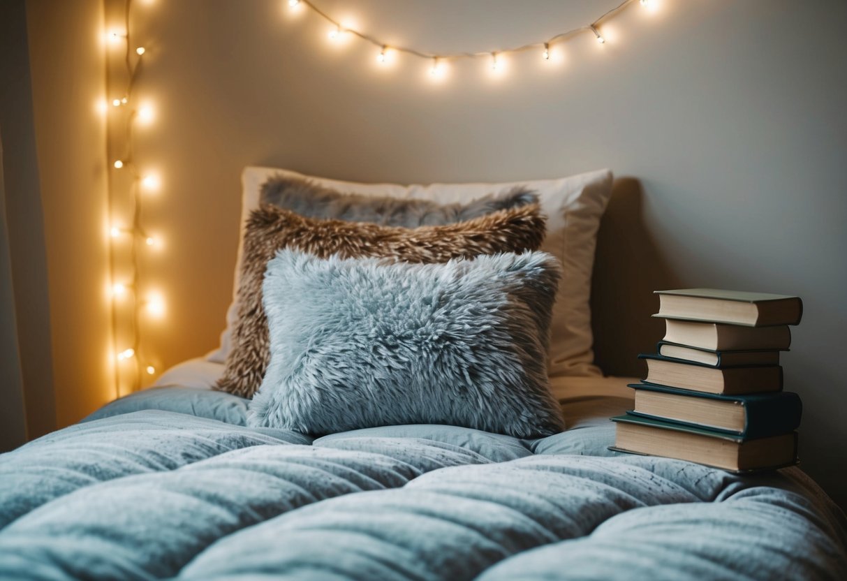 A cozy single bed with a plush comforter and pillows, surrounded by fairy lights and a stack of books