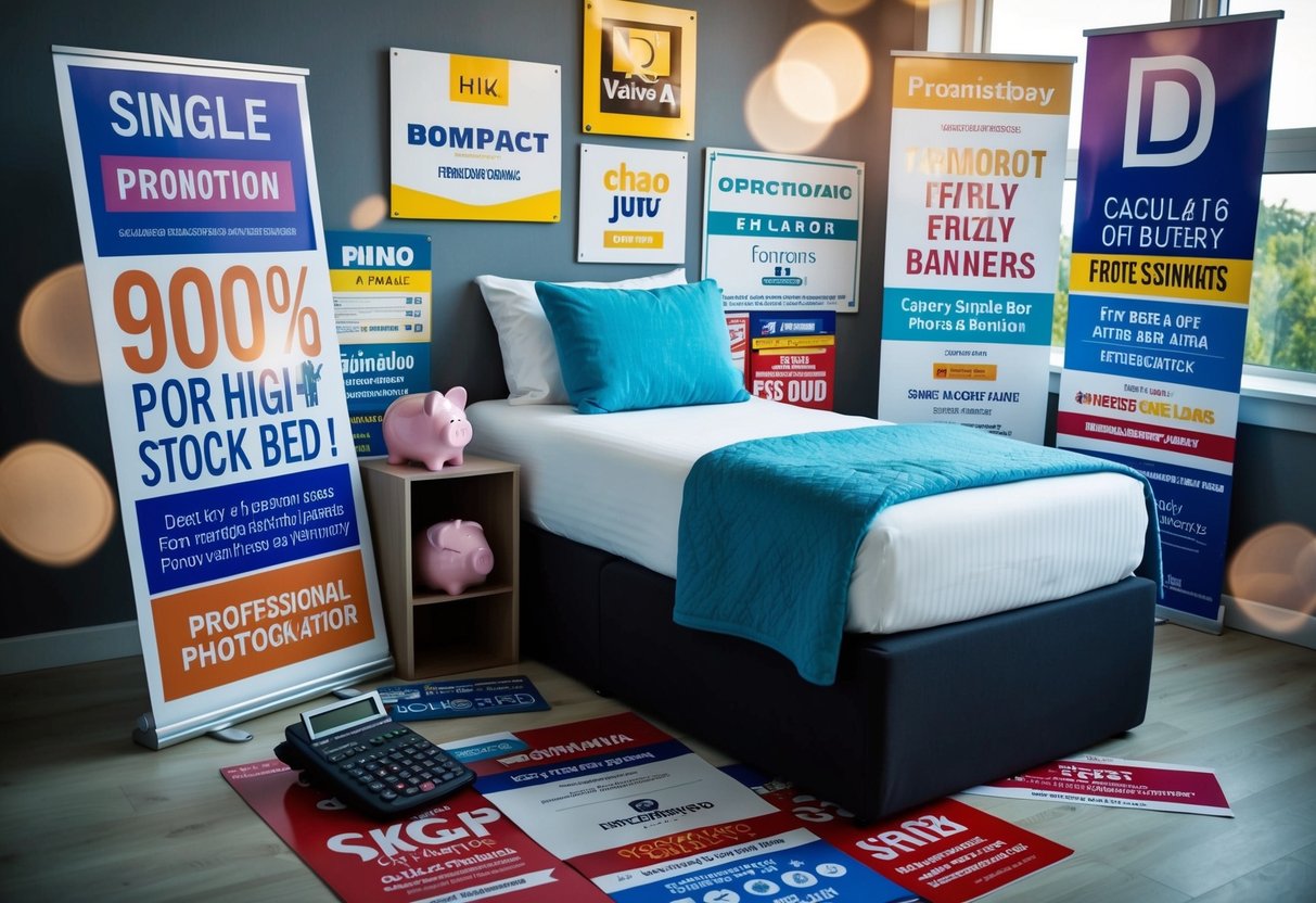 A single bed surrounded by various promotional signs and banners, with a calculator and piggy bank on the bedside table