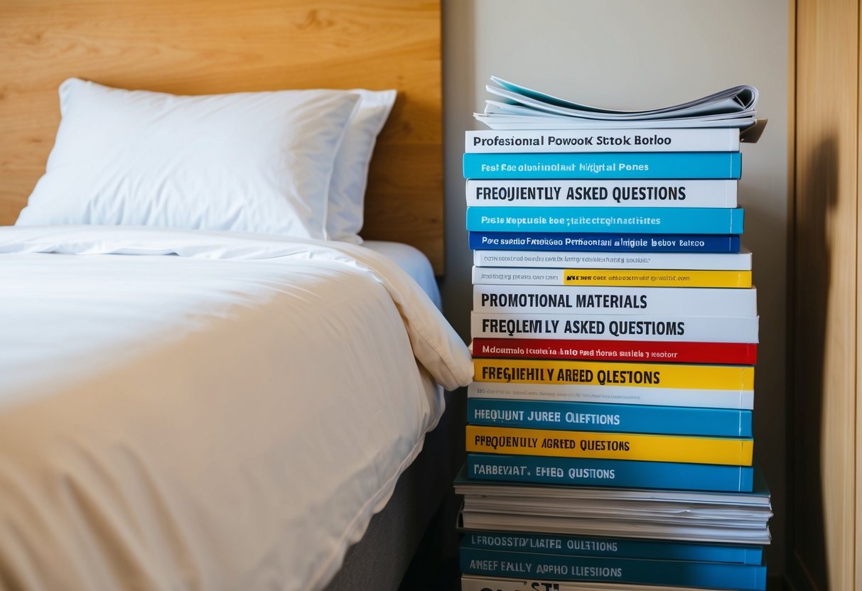 A cozy bedroom with a neatly made single bed and a stack of promotional materials for Frequently Asked Questions