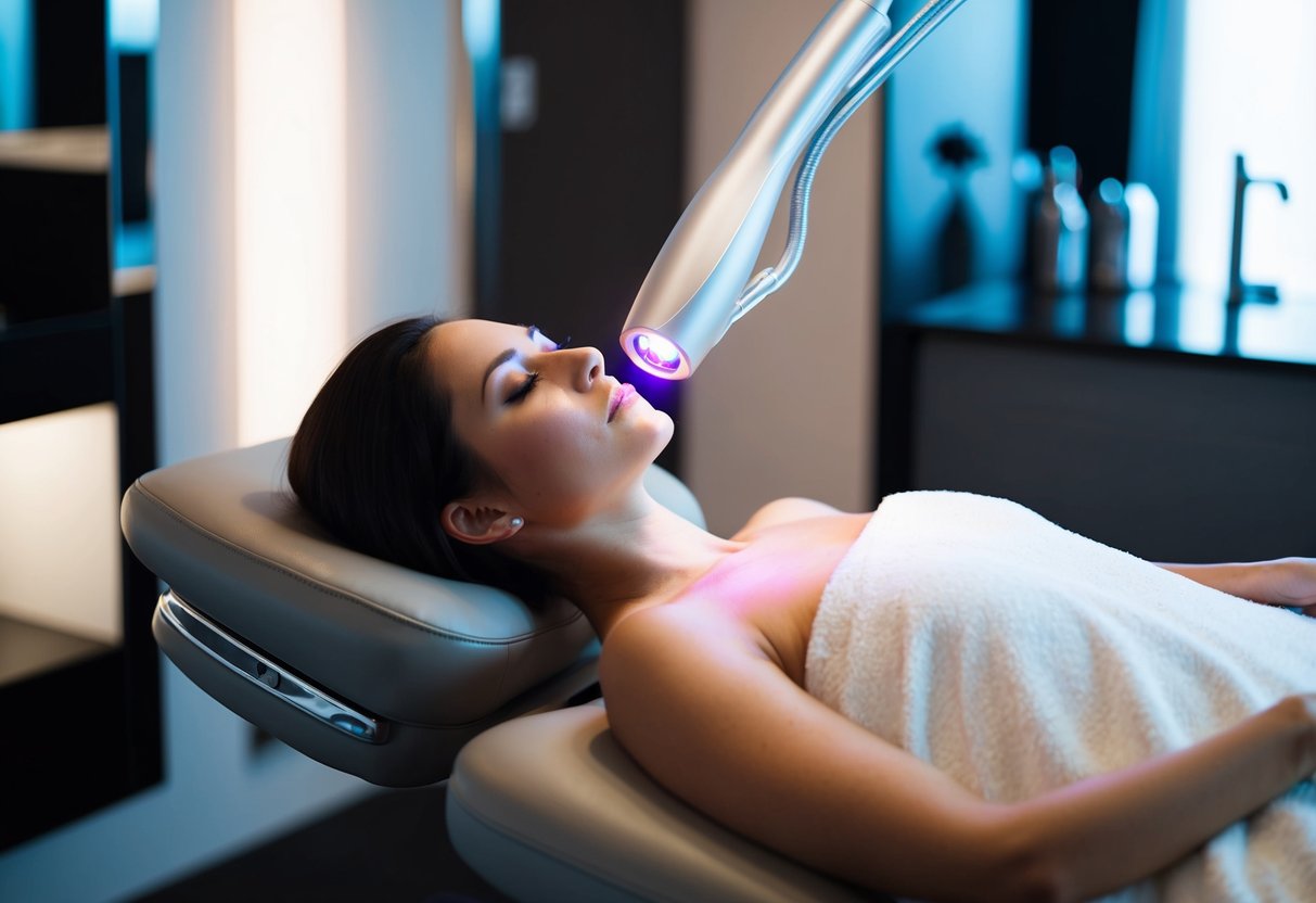 A woman reclines on a plush chair as a laser hovers over her skin, surrounded by sleek, modern decor and soft lighting