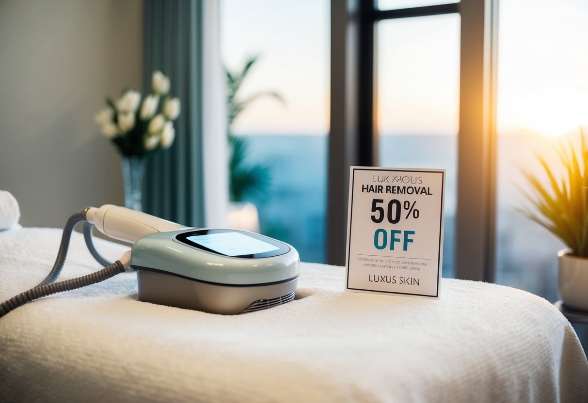 A serene spa setting with a luxurious SHR hair removal machine and a promotional sign offering 50% off at Luxus Skin