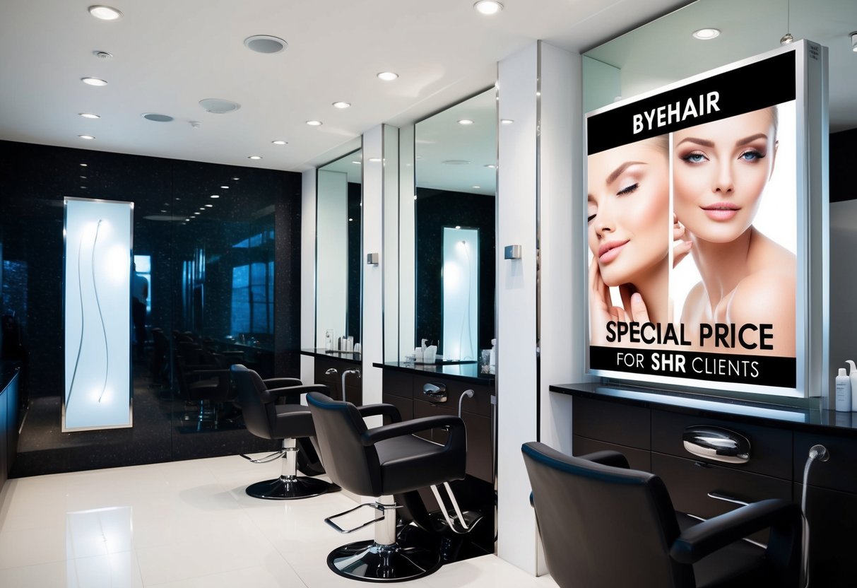 A sleek, modern salon with a prominent sign advertising "BYEhair Special Price for SHR Clients" alongside images of smooth, hair-free skin