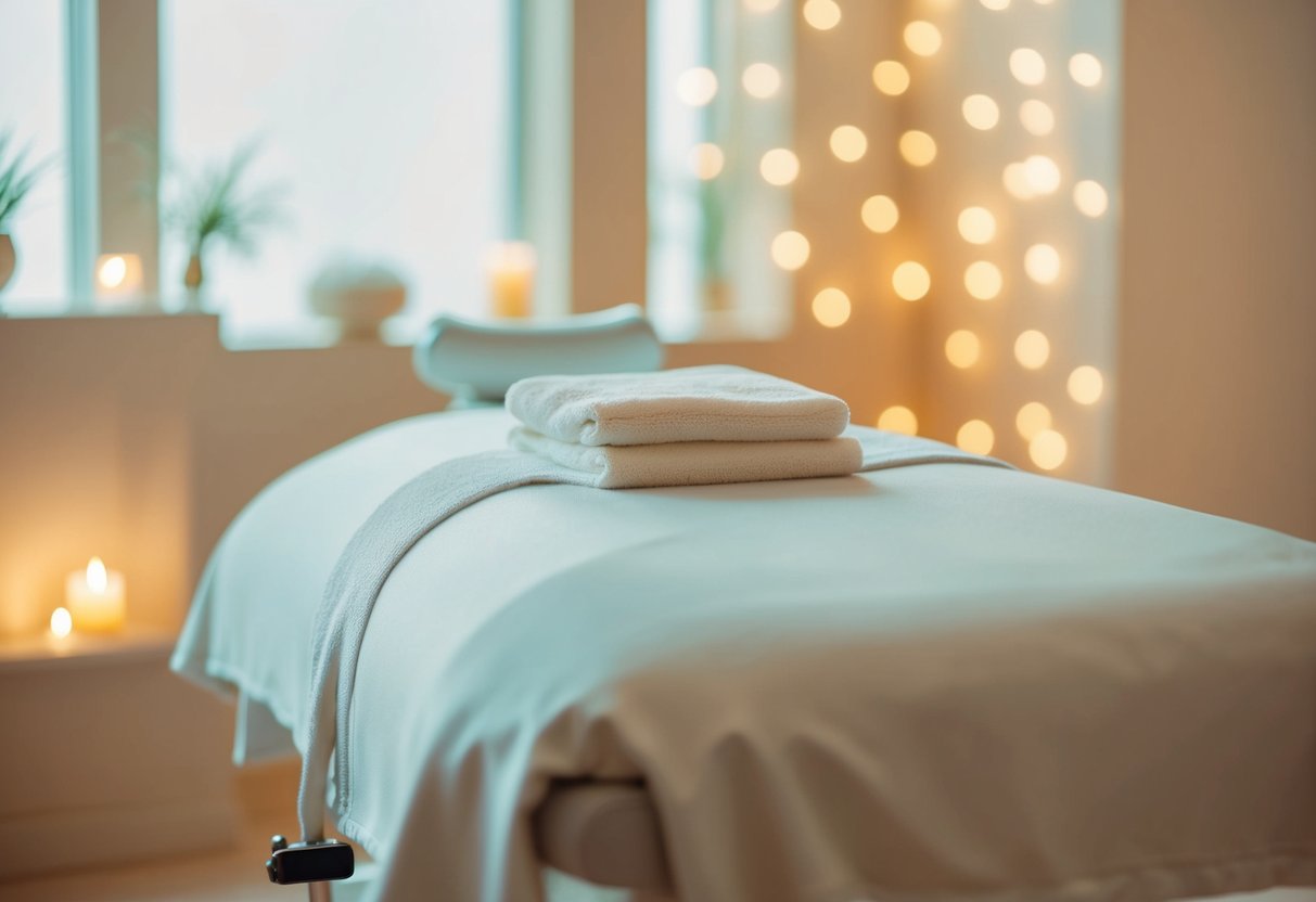 A serene spa setting with soft lighting, a comfortable treatment chair, and a soothing atmosphere