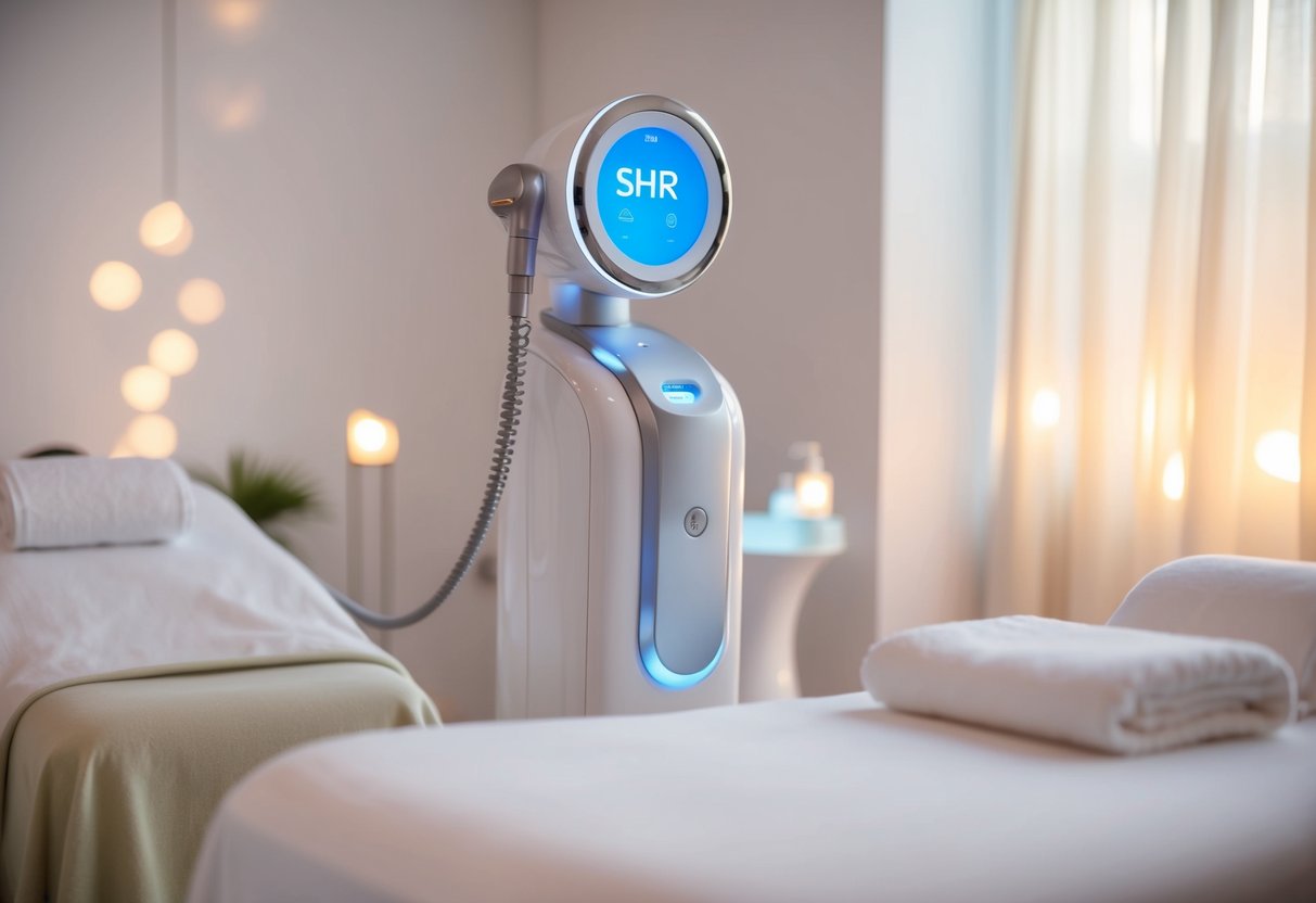 A serene spa room with a futuristic SHR hair removal machine, surrounded by soft lighting and soothing decor