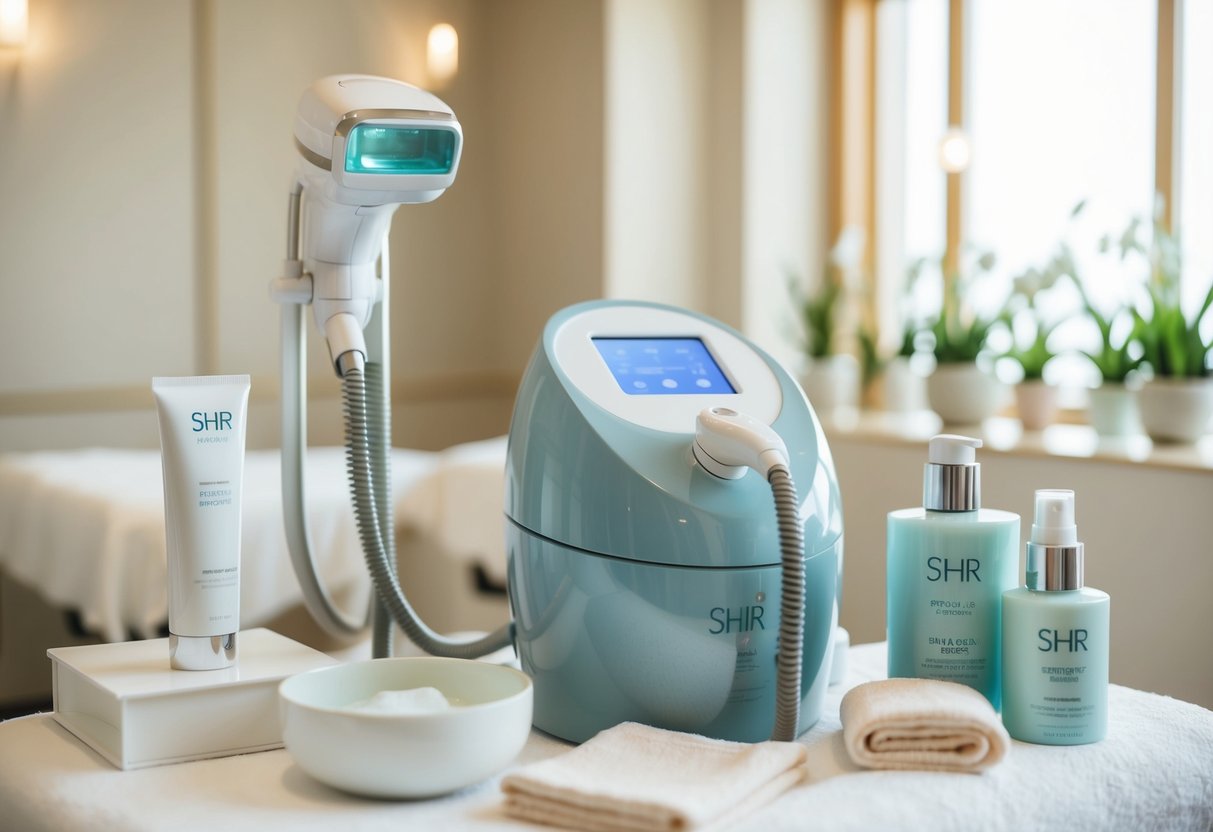A serene spa room with a sleek SHR hair removal machine surrounded by luxurious skincare products and promotional materials
