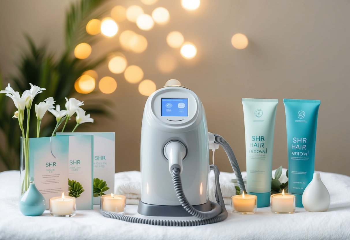 A serene spa setting with a modern SHR hair removal machine surrounded by promotional materials and peaceful decor