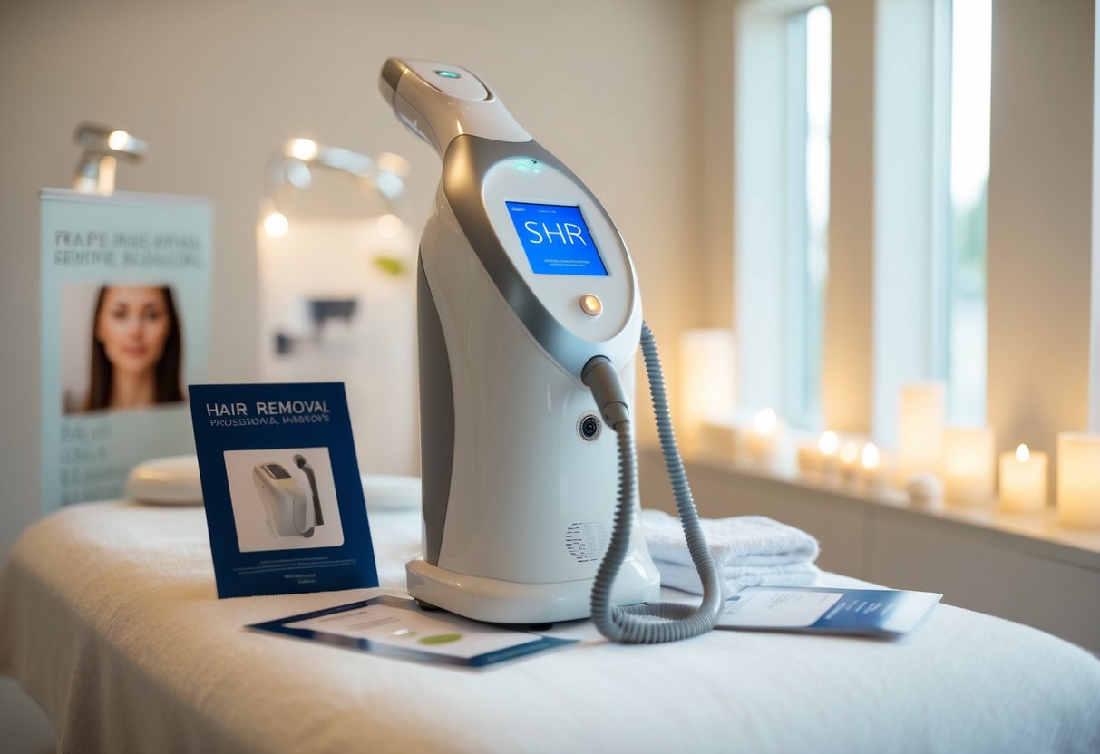 A serene spa setting with a sleek SHR hair removal machine surrounded by promotional materials and soft lighting