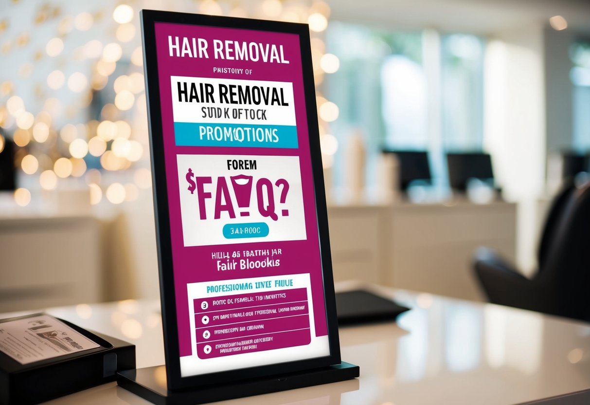 A display of hair removal promotions with FAQ section
