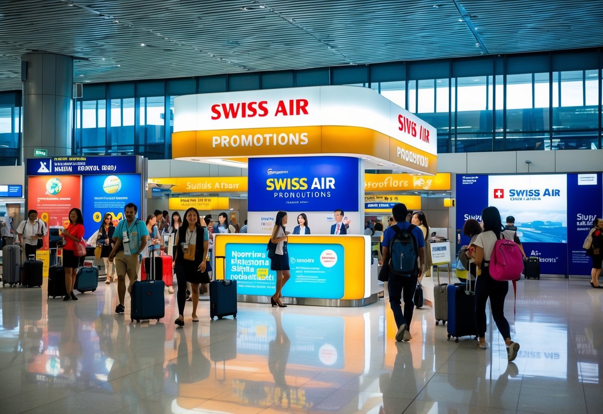 A bustling airport terminal with a Swiss Air promotions booth in Singapore, surrounded by excited travelers and colorful advertisements