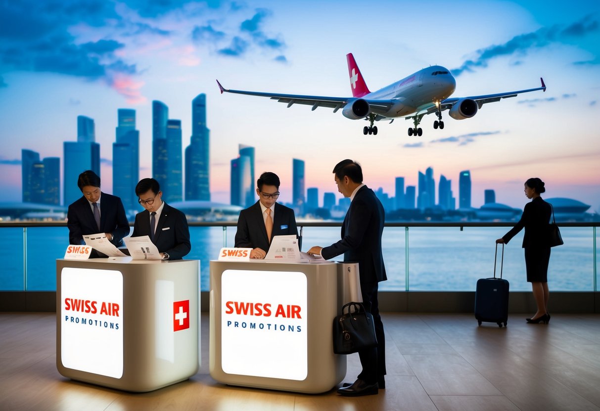 Passengers booking flights at a SWISS Air promotions booth in Singapore, with a backdrop of the city skyline and an airplane taking off in the distance