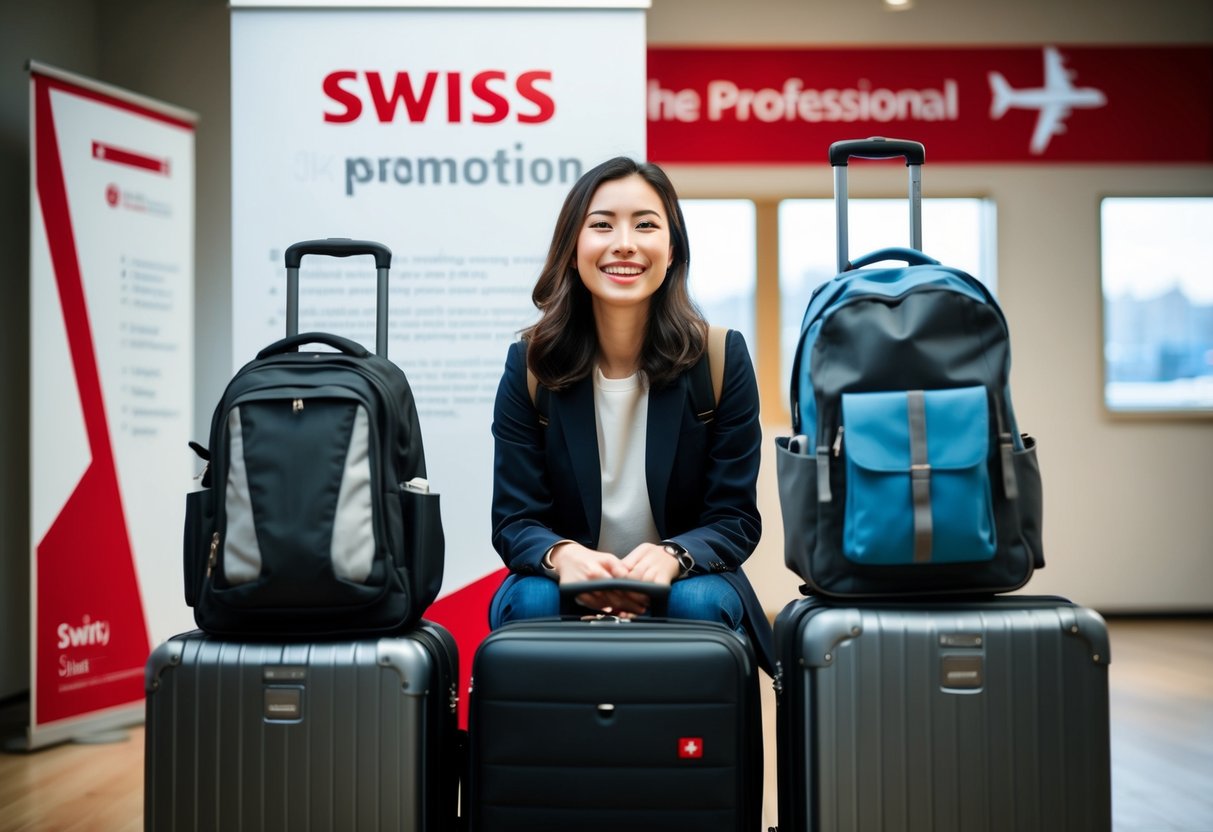 A smiling student surrounded by suitcases and backpacks, with a Swiss Air promotion banner in the background