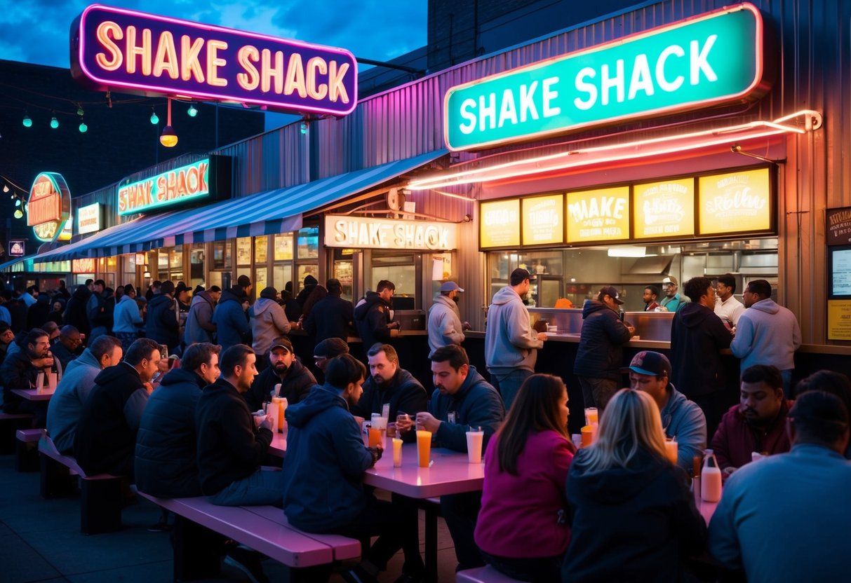 A bustling Shake Shack with glowing neon signs, crowded outdoor seating, and a line of customers waiting to order late-night bites