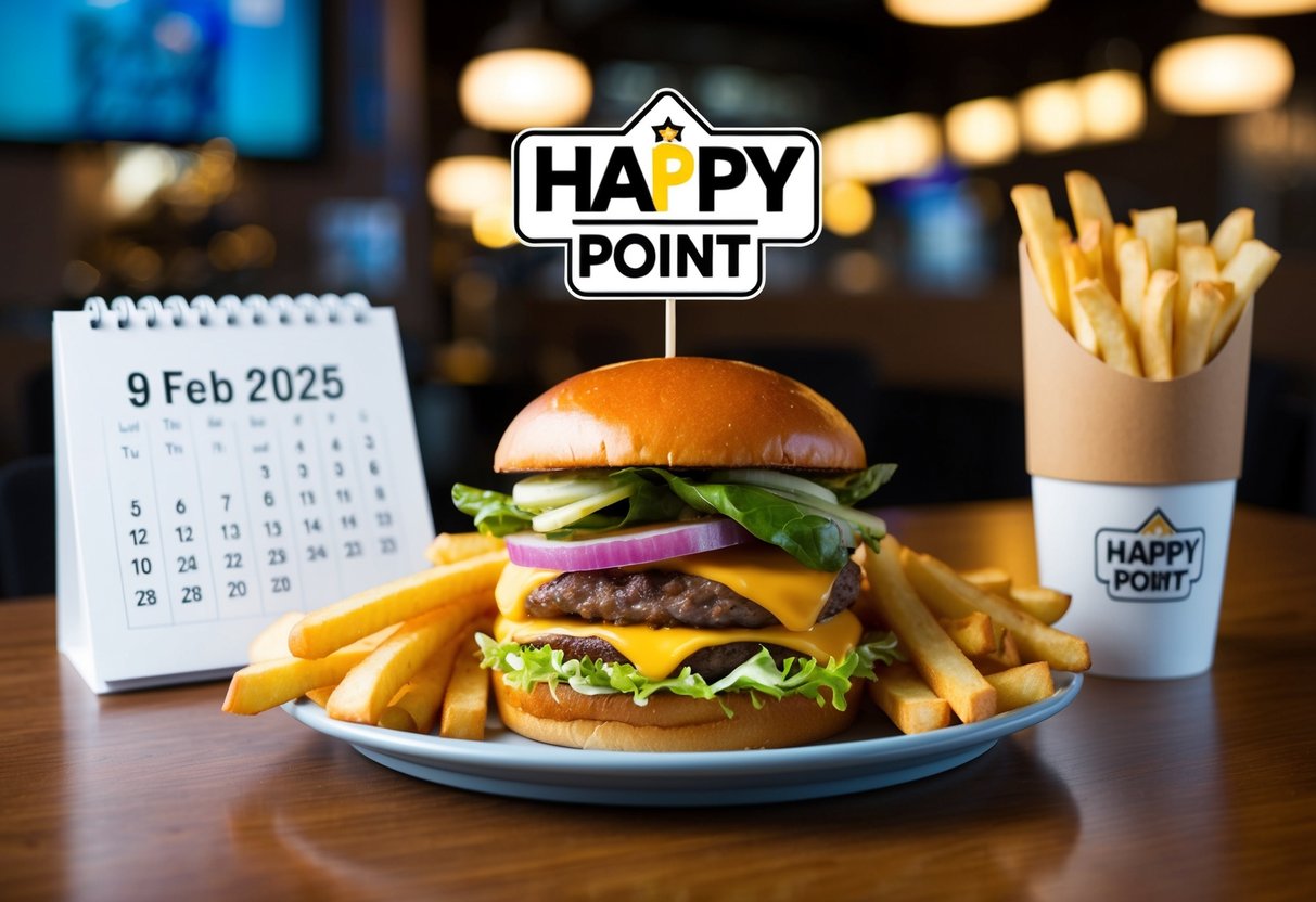 A delicious ShackBurger with fries and a drink, surrounded by the Happy Point app logo and a calendar showing the date 9 Feb 2025