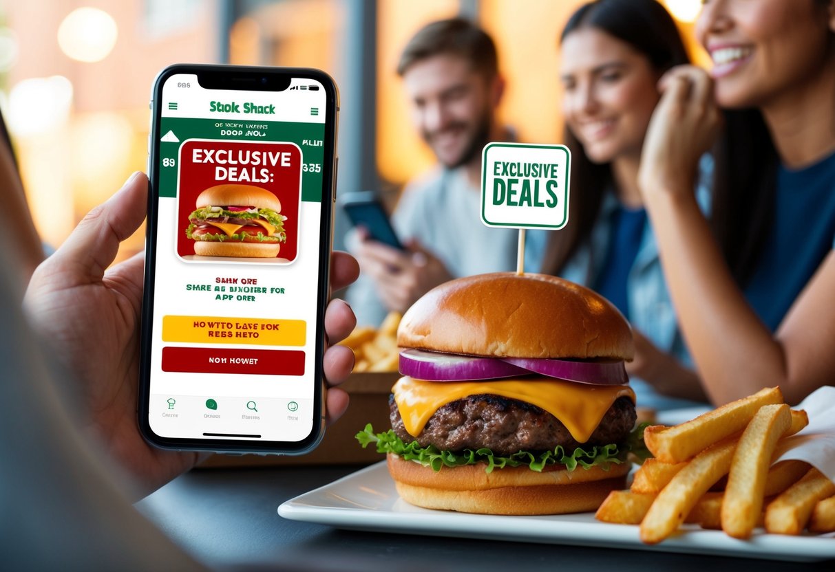 Customers using the Shake Shack app to order food, with exclusive deals displayed on the screen. A mobile phone and delicious burger and fries are featured