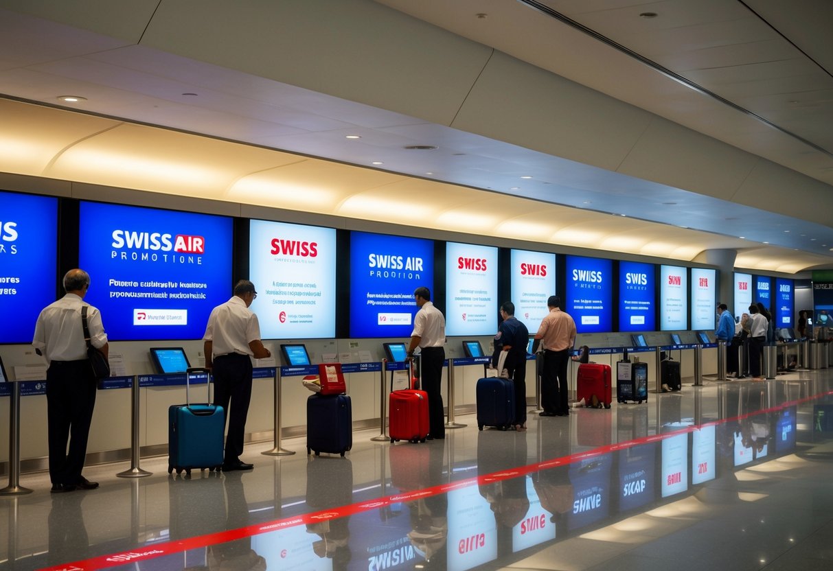 Passengers browsing Swiss Air promotions on digital screens at Singapore airport