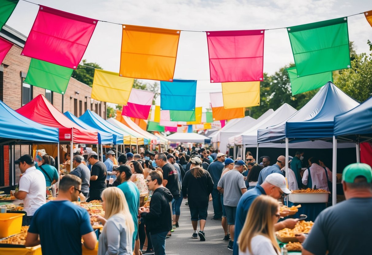 Colorful banners hang over a bustling outdoor food festival. People line up to sample discounted Shack favorites at various vendor booths. The aroma of sizzling burgers and fries fills the air