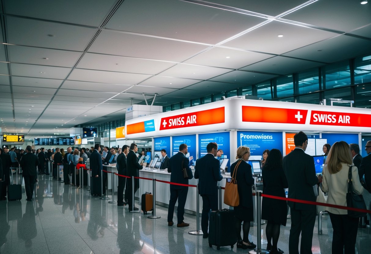 A crowded airport terminal with a prominent Swiss Air promotions booth and a line of people waiting to inquire