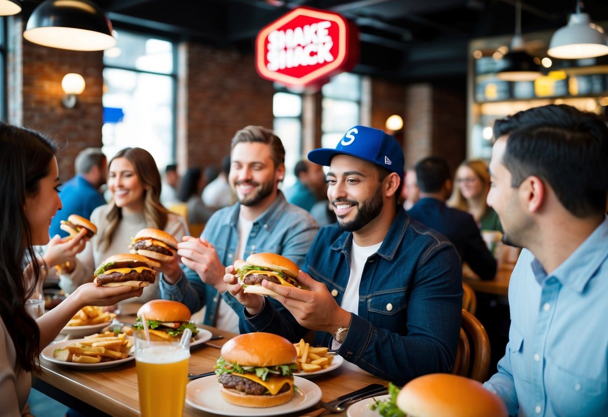 A bustling Shake Shack restaurant with customers enjoying their meals and receiving free burgers as part of the crave-worthy giveaways promotion