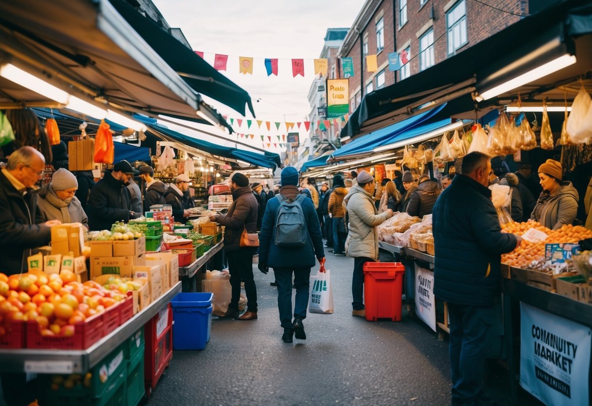 A bustling local market with vendors selling goods and promoting community initiatives