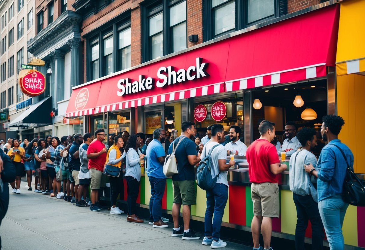 A crowded city street with a vibrant Shake Shack storefront, featuring eye-catching promotional signage and a line of diverse customers eagerly waiting to order