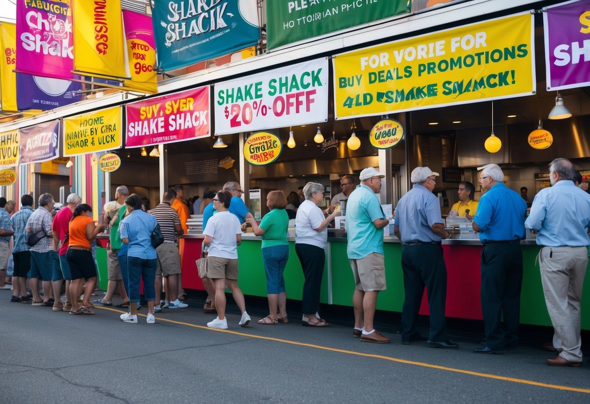 A bustling shake shack with colorful banners and signs promoting various deals and discounts. Customers line up eagerly for their favorite promotions