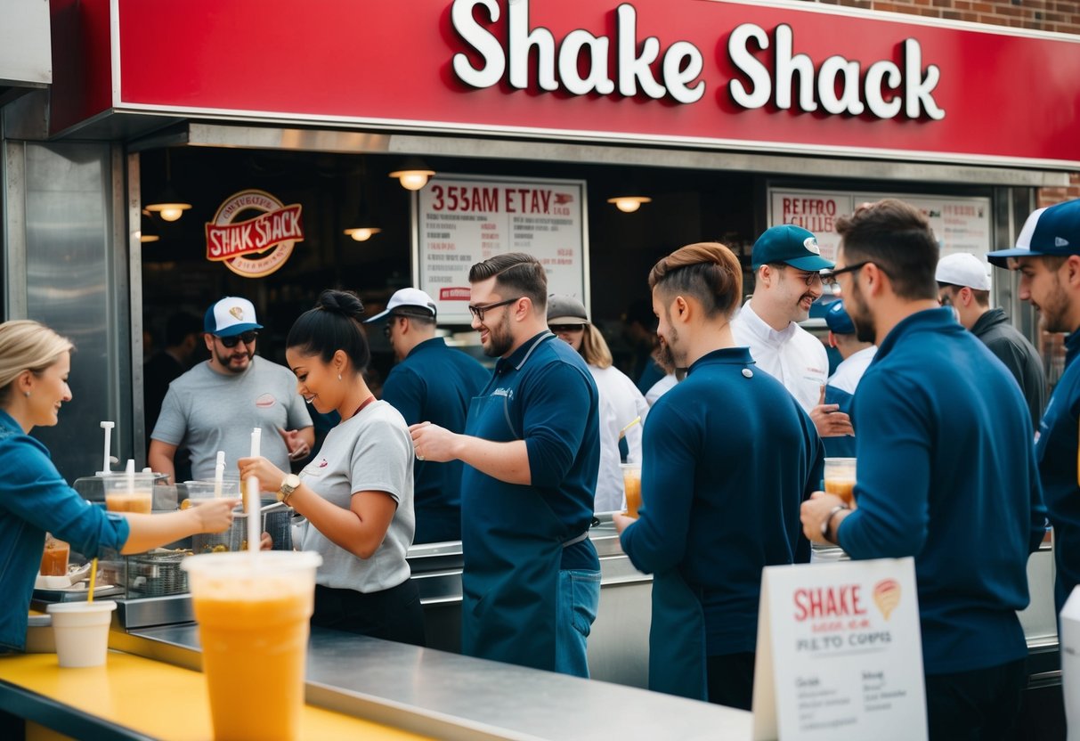 A bustling Shake Shack with a line of customers, a prominent promotional sign, and staff assisting with orders