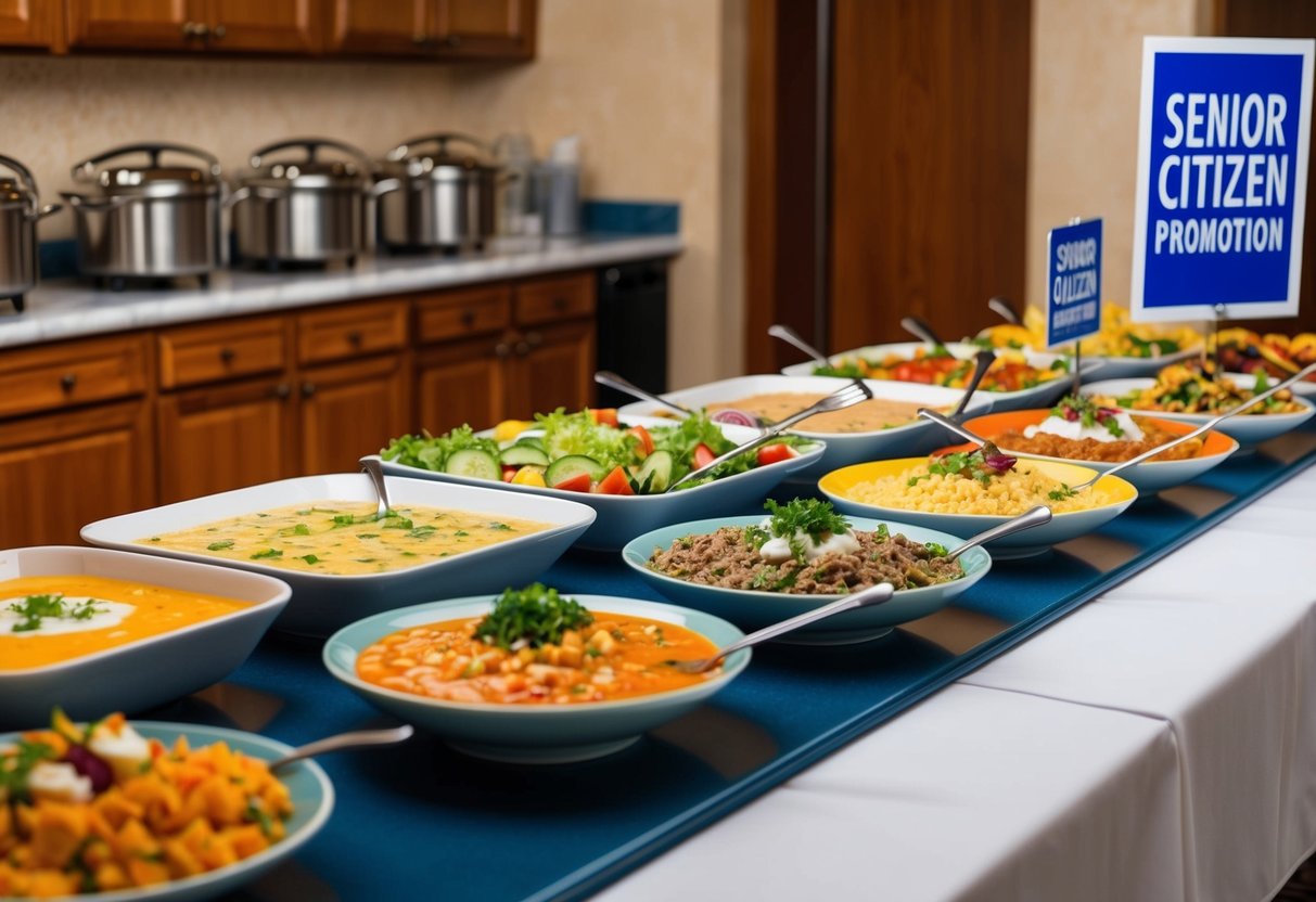 A colorful buffet spread with a variety of dishes, including soups, salads, and entrees, displayed on a long table with a "senior citizen promotion" sign nearby