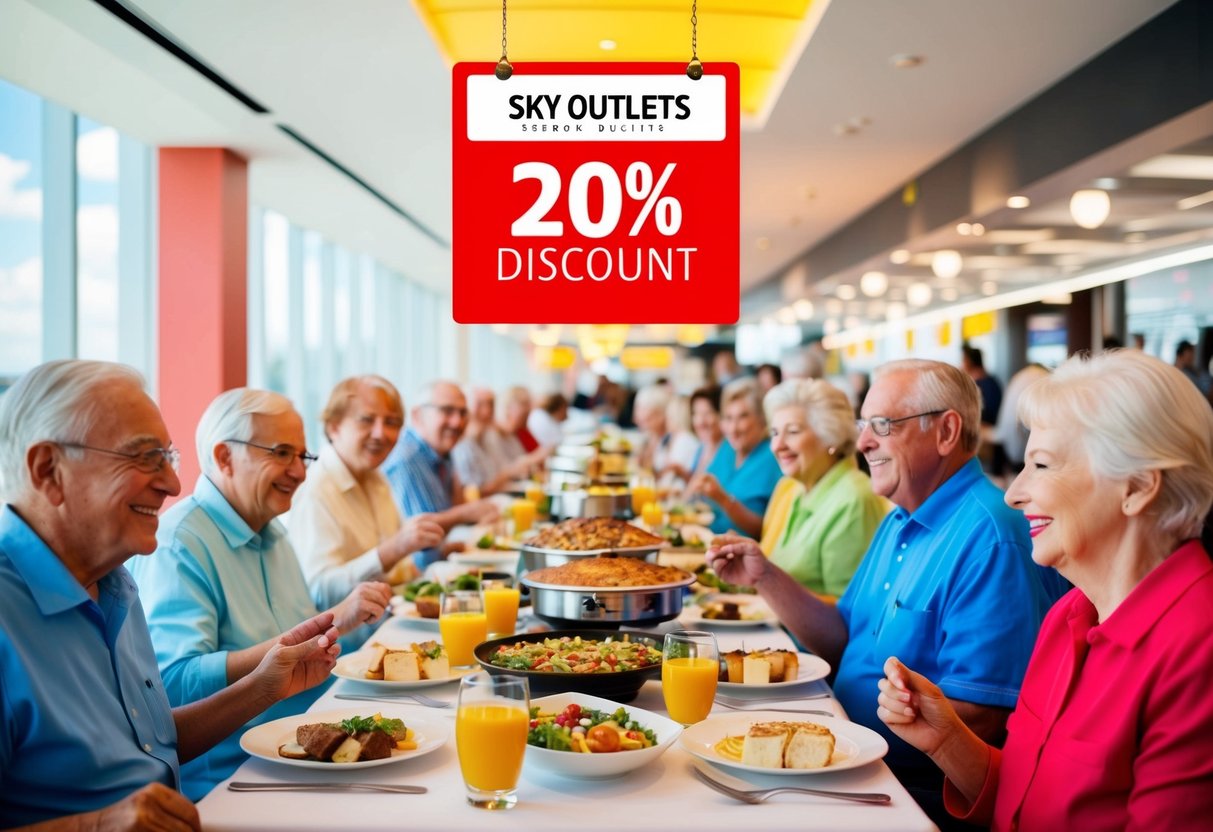 A group of senior citizens enjoying a buffet at SKY outlets with a prominent 20% discount sign displayed