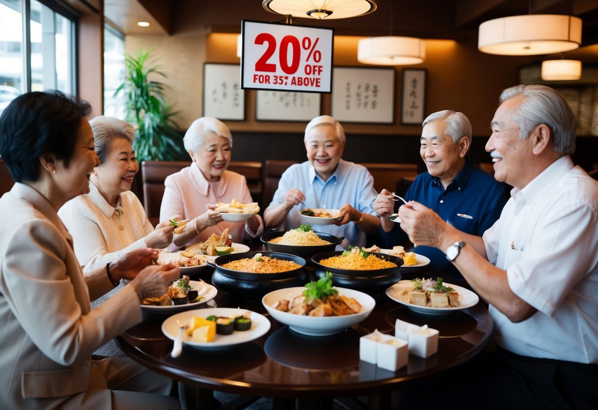 A group of senior citizens enjoying a buffet spread at Suki-Ya, with a prominent sign displaying a 20% discount for those 55 and above