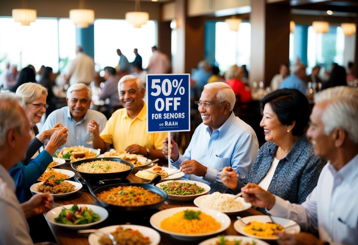 A group of seniors enjoying a variety of food at a bustling buffet restaurant, with a prominent sign advertising "50% off for seniors" at 21 on Rajah