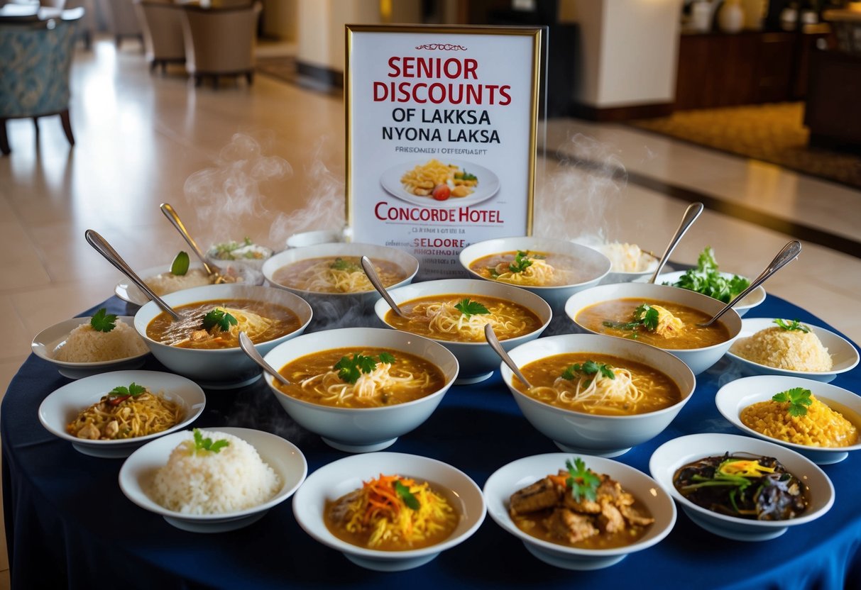 A table set with steaming bowls of Nyona laksa, surrounded by plates of assorted dishes, with a sign advertising senior discounts at Concorde Hotel's buffet