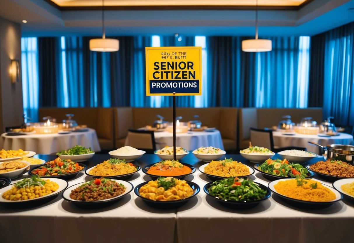 A well-lit dining room with a variety of delicious dishes displayed on a buffet table, with a sign advertising senior citizen promotions
