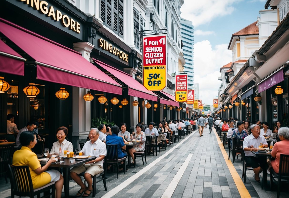 A bustling Singapore street lined with upscale restaurants offering 1-for-1 senior citizen buffet promotions, with colorful signage and happy diners