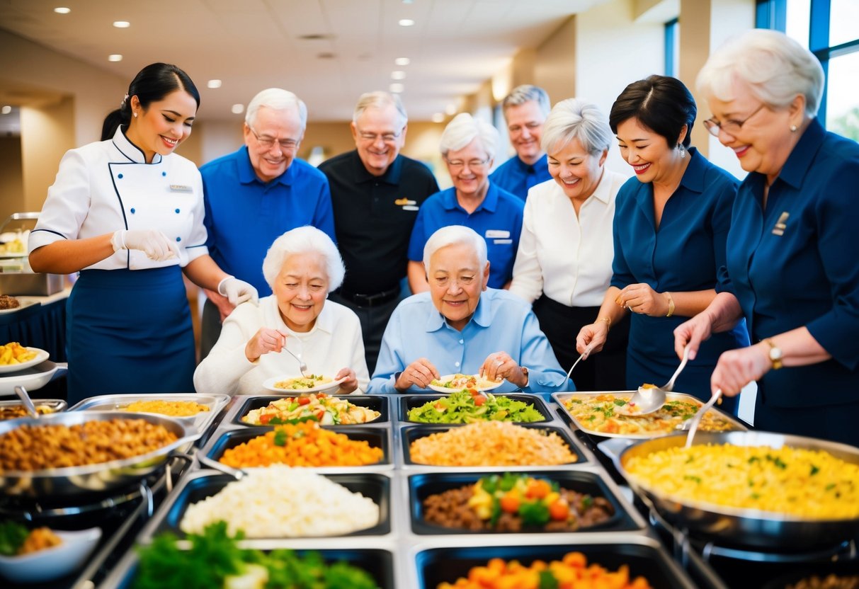 A group of senior citizens enjoying a variety of food at a buffet, with smiling staff members assisting them