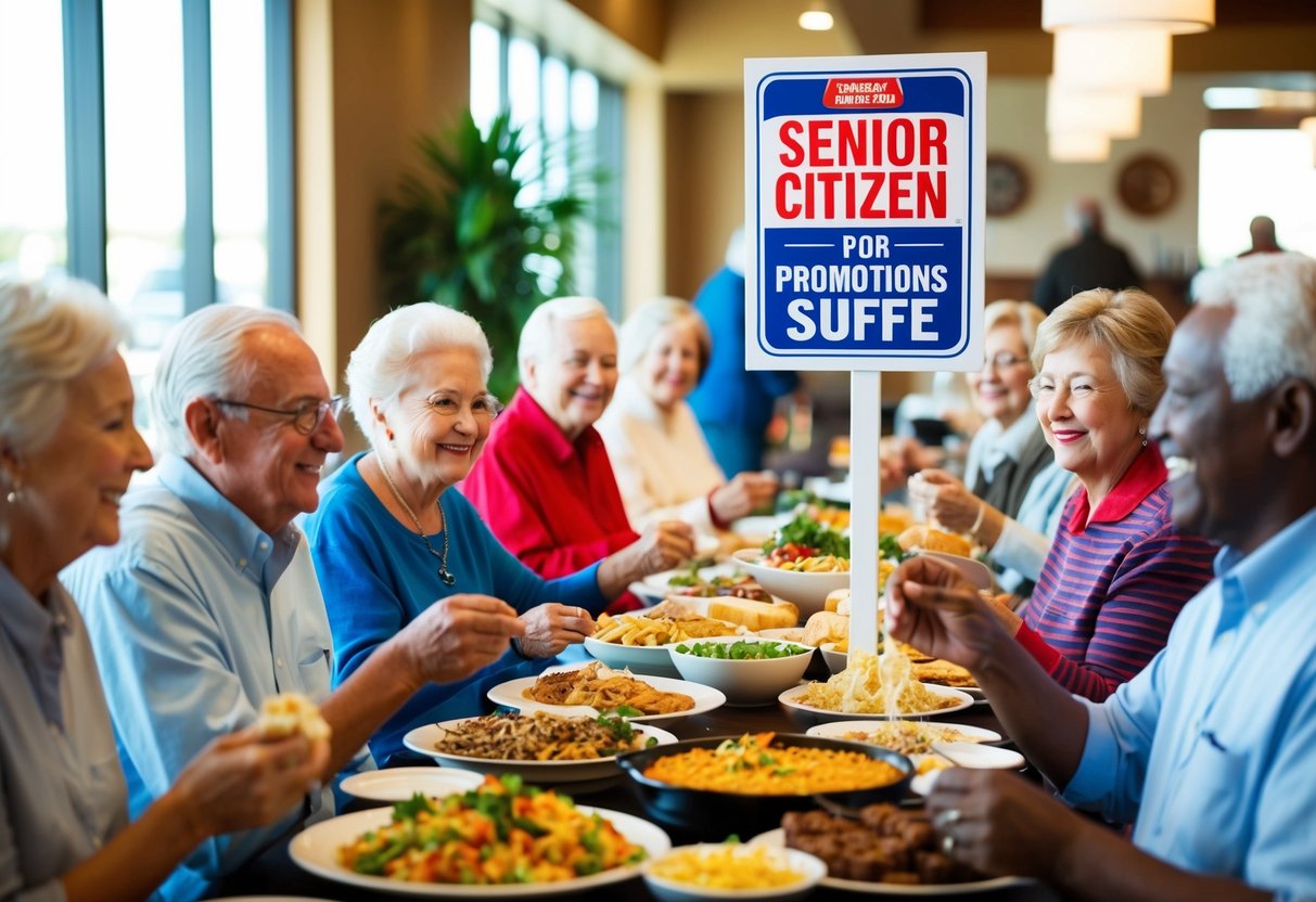 A group of elderly individuals enjoying a variety of food at a buffet restaurant, with a sign advertising senior citizen promotions displayed prominently