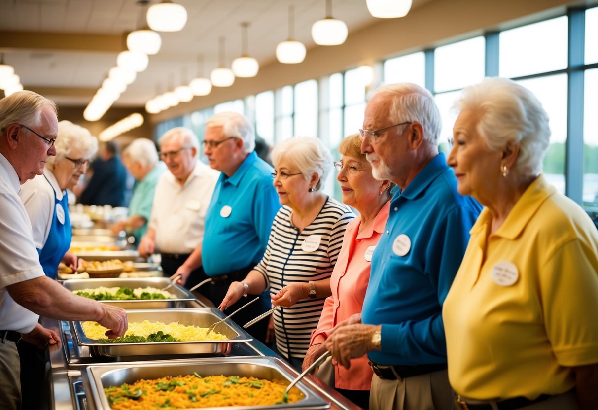 A group of elderly people lining up at a buffet, asking staff questions about senior citizen promotions