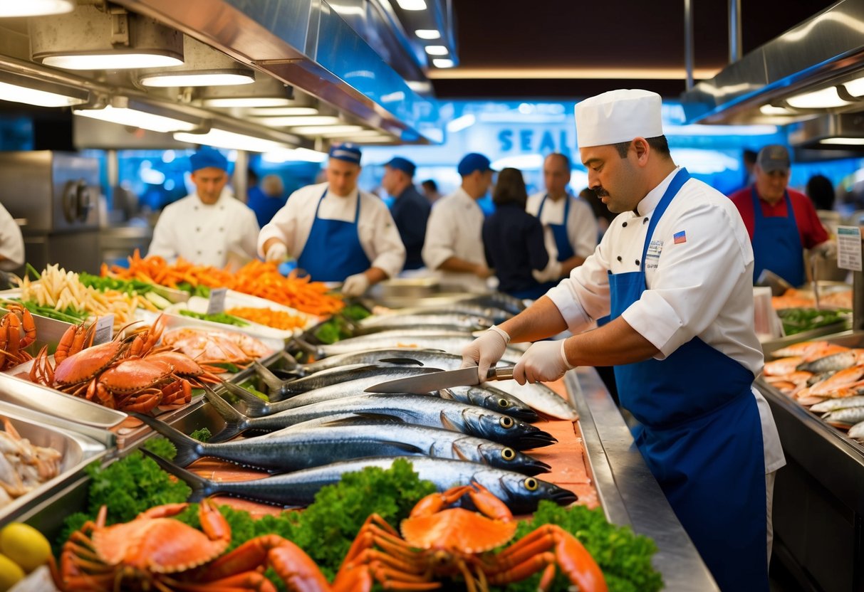 A bustling seafood market with colorful displays of fresh fish, crabs, and lobsters. A chef expertly fillets a large tuna as customers browse the selection