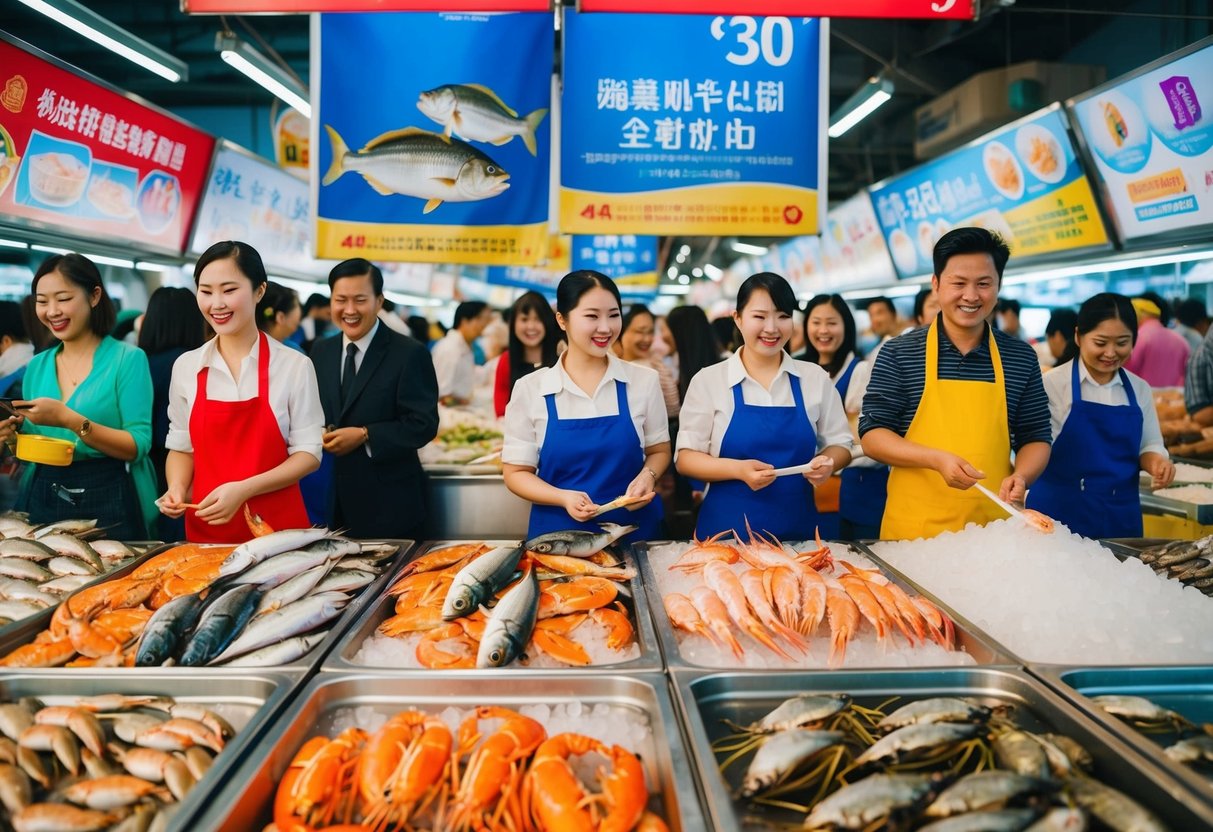 A bustling seafood market with fresh fish, crabs, and prawns displayed on ice, surrounded by enthusiastic shoppers and colorful promotional banners